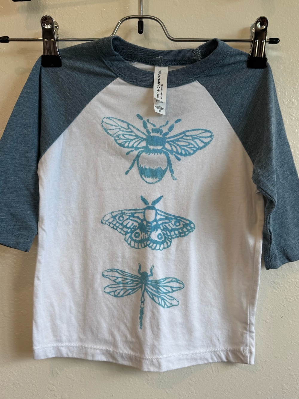 Artisan Bella Canvas White Raglan Tee with Bugs 🐝 Hand-Printed - Size 3T